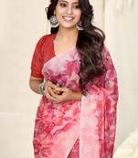 Peach Chiffon Floral Print Plain Saree With Unstitched Blouse Piece