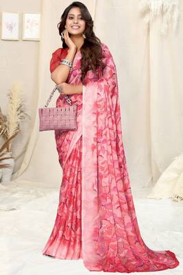 Peach Chiffon Floral Print Plain Saree With Unstitched Blouse Piece 2