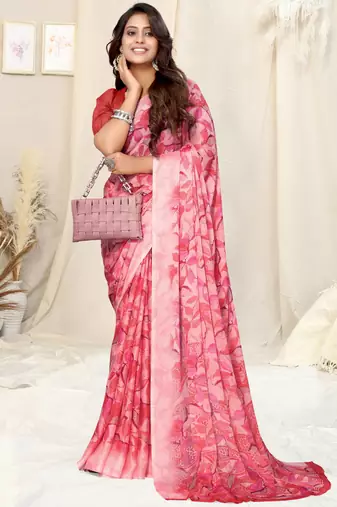 Peach Chiffon Floral Print Plain Saree With Unstitched Blouse Piece