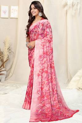 Peach Chiffon Floral Print Plain Saree With Unstitched Blouse Piece 3