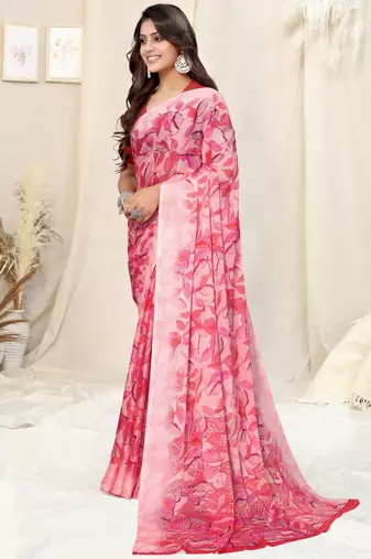 Peach Chiffon Floral Print Plain Saree With Unstitched Blouse Piece