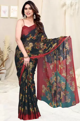 Black chiffon floral print plain saree with unstitched blouse piece