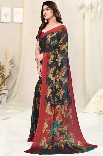 Black chiffon floral print plain saree with unstitched blouse piece