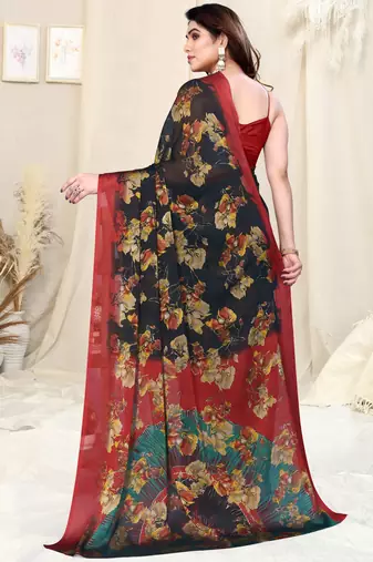 Black chiffon floral print plain saree with unstitched blouse piece