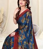 Navy blue chiffon floral print saree with unstitched blouse piece