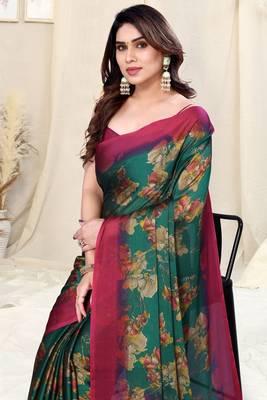 Teal chiffon floral print saree with unstitched blouse piece 1