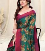 Teal chiffon floral print saree with unstitched blouse piece