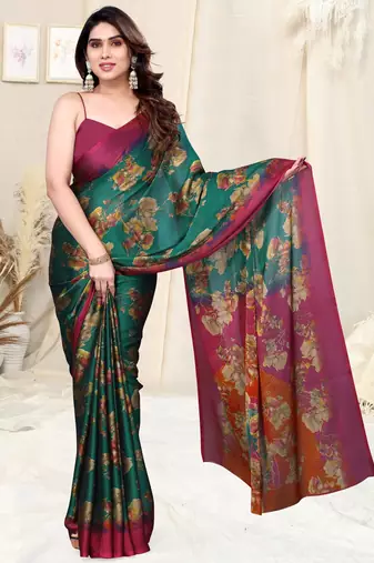 Teal chiffon floral print saree with unstitched blouse piece