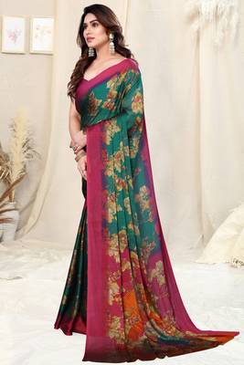 Teal chiffon floral print saree with unstitched blouse piece 3