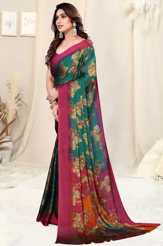 Teal chiffon floral print saree with unstitched blouse piece