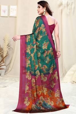 Teal chiffon floral print saree with unstitched blouse piece 4