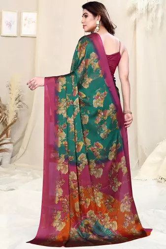 Teal chiffon floral print saree with unstitched blouse piece