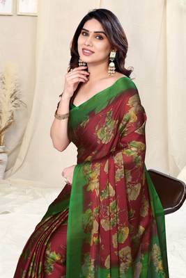 Maroon chiffon floral saree with unstitched blouse piece 1