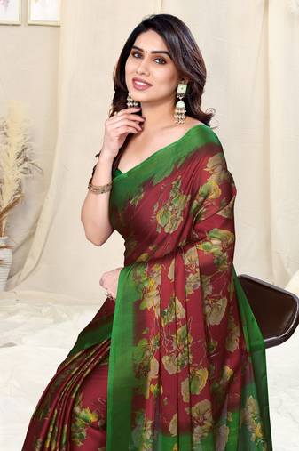 Maroon chiffon floral saree with unstitched blouse piece