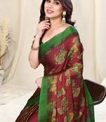 Maroon chiffon floral saree with unstitched blouse piece