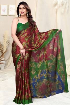 Maroon chiffon floral saree with unstitched blouse piece 2