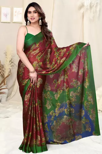 Maroon chiffon floral saree with unstitched blouse piece
