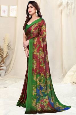 Maroon chiffon floral saree with unstitched blouse piece 3