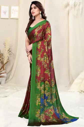 Maroon chiffon floral saree with unstitched blouse piece