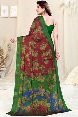 Maroon chiffon floral saree with unstitched blouse piece 4