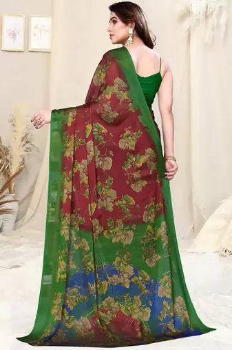 Maroon chiffon floral saree with unstitched blouse piece