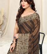 Brown chiffon leopard/stripes/leheriya print printed saree with unstitched blouse piece