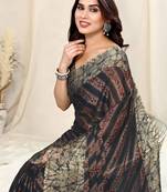 Black chiffon leopard/stripes/leheriya print printed saree with unstitched blouse piece