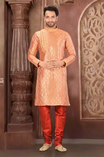 Ranak Peach Banarasi Jacquard Kurta Pajama
