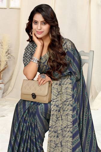 Navy blue chiffon leopard/stripes/leheriya print printed saree with unstitched blouse piece