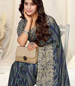 Navy blue chiffon leopard/stripes/leheriya print printed saree with unstitched blouse piece
