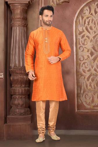 Ranak Orange Mulbary Butti Silk Kurta Pajama