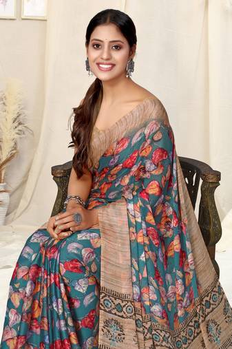 Dusty teal chiffon leaf/floral print printed saree with unstitched blouse piece