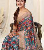 Dusty teal chiffon leaf/floral print printed saree with unstitched blouse piece