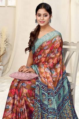 Rust Chiffon Printed Saree With Unstitched Blouse Piece 1