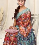 Rust Chiffon Printed Saree With Unstitched Blouse Piece