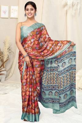 Rust Chiffon Printed Saree With Unstitched Blouse Piece 2