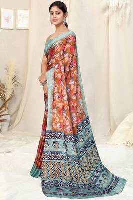 Rust Chiffon Printed Saree With Unstitched Blouse Piece 3