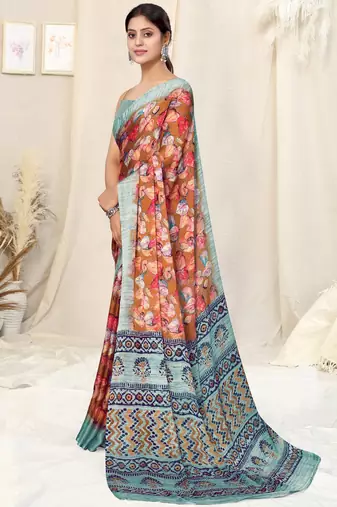 Rust Chiffon Printed Saree With Unstitched Blouse Piece