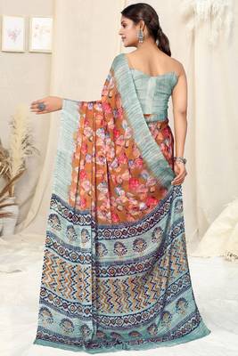 Rust Chiffon Printed Saree With Unstitched Blouse Piece 4