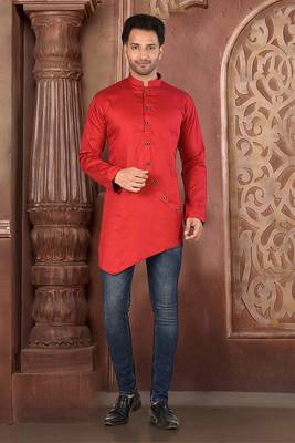 red cotton satin stitched short kurta 1