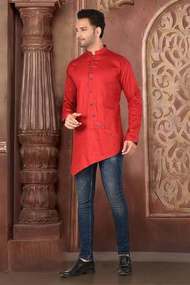 red cotton satin stitched short kurta 2