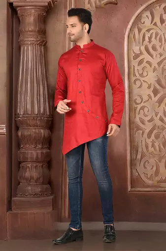 red cotton satin stitched short kurta