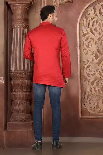 red cotton satin stitched short kurta