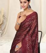 Maroon chiffon floral print saree with unstitched blouse piece