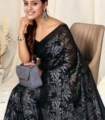 Black chiffon floral print plain saree with unstitched blouse piece
