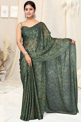 Dark green chiffon floral print plain saree with unstitched blouse piece 1