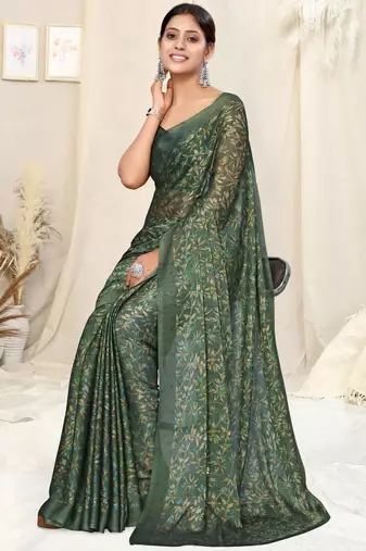 Dark green chiffon floral print plain saree with unstitched blouse piece