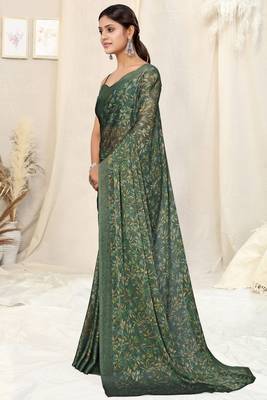 Dark green chiffon floral print plain saree with unstitched blouse piece 3
