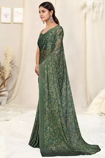Dark green chiffon floral print plain saree with unstitched blouse piece