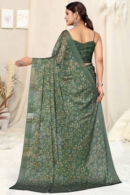 Dark green chiffon floral print plain saree with unstitched blouse piece 4